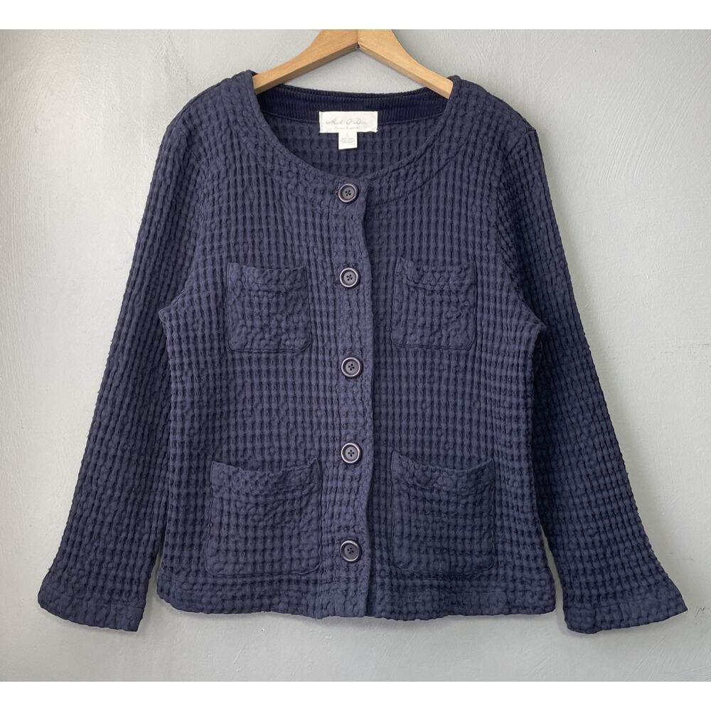 Mod O Doc Jacket Size Large Navy Textured Waffle Lagenlook Boxy Artsy Cotton Top